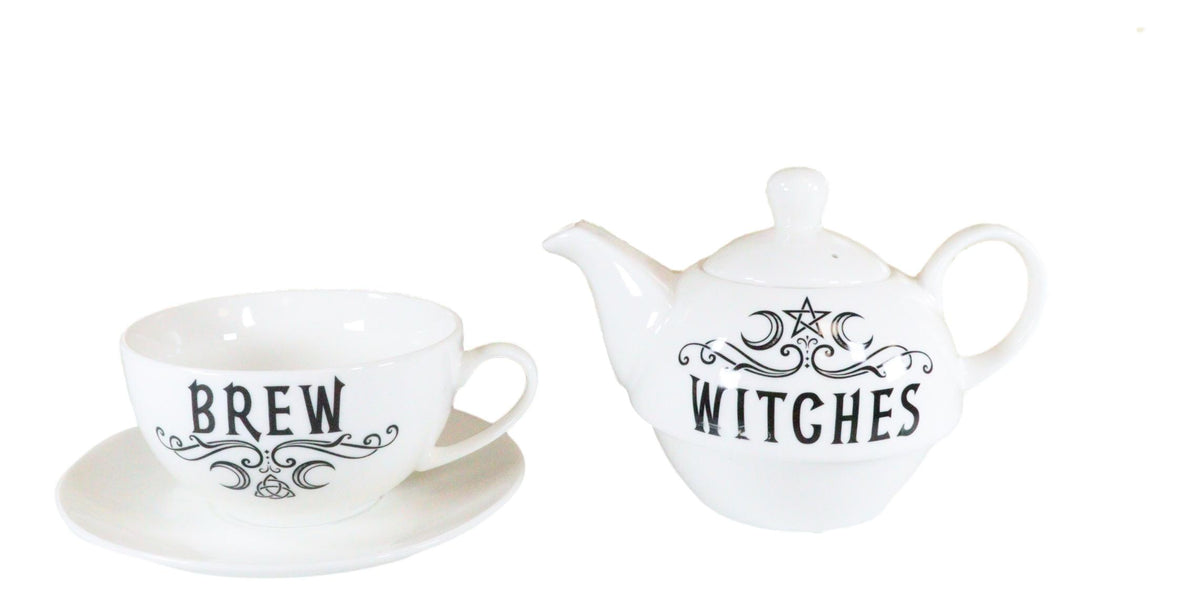 Ebros Pentagram Moons Witches Brew Hex Bone China Stacking Tea Pot Cup And Saucer Set