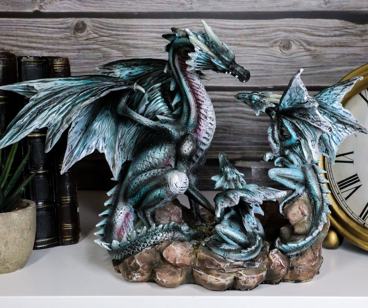 Narygos Blue Iceberg Mother Dragon With Baby Dragons Statue Home Decor Fantasy - Ebros Gift