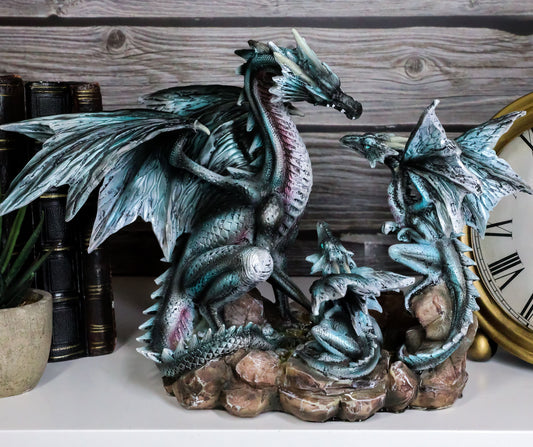 Narygos Blue Iceberg Mother Dragon With Baby Dragons Statue Home Decor Fantasy - Ebros Gift