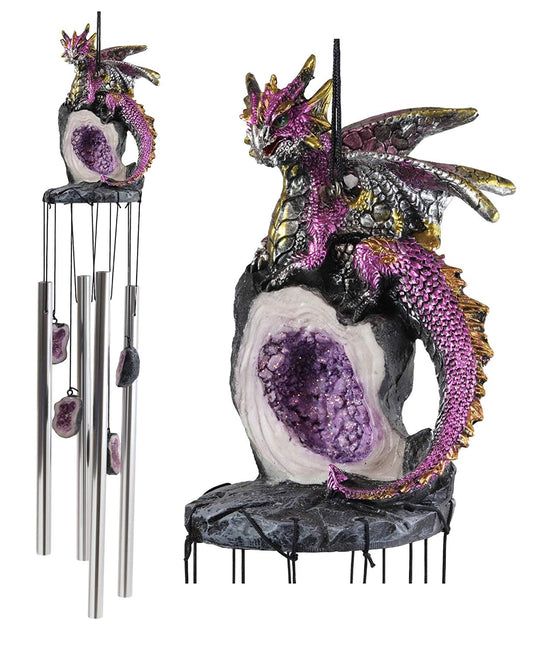 Medieval Purple Dragon Guarding Topaz Crystal Geode Rock Figurine Wind Chime