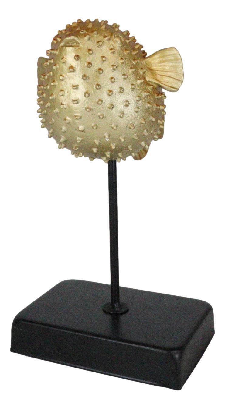 Coastal Marine Faux Taxidermy Golden Pufferfish Fish Sculpture On Pole Mount