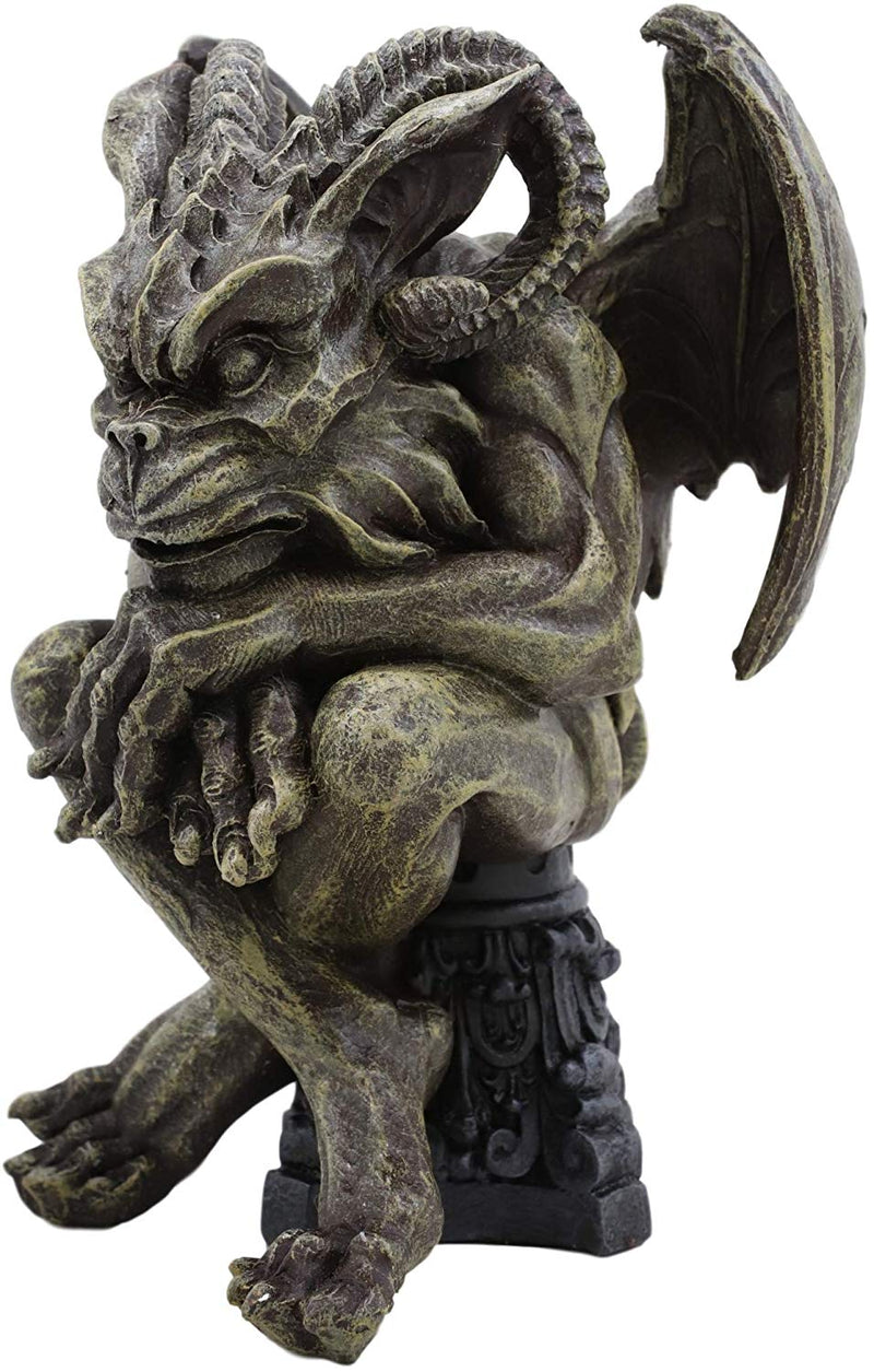 Ebros Winged Ram Horned Gargoyle Sitting On Cathedral Pedestal Statue 6" High