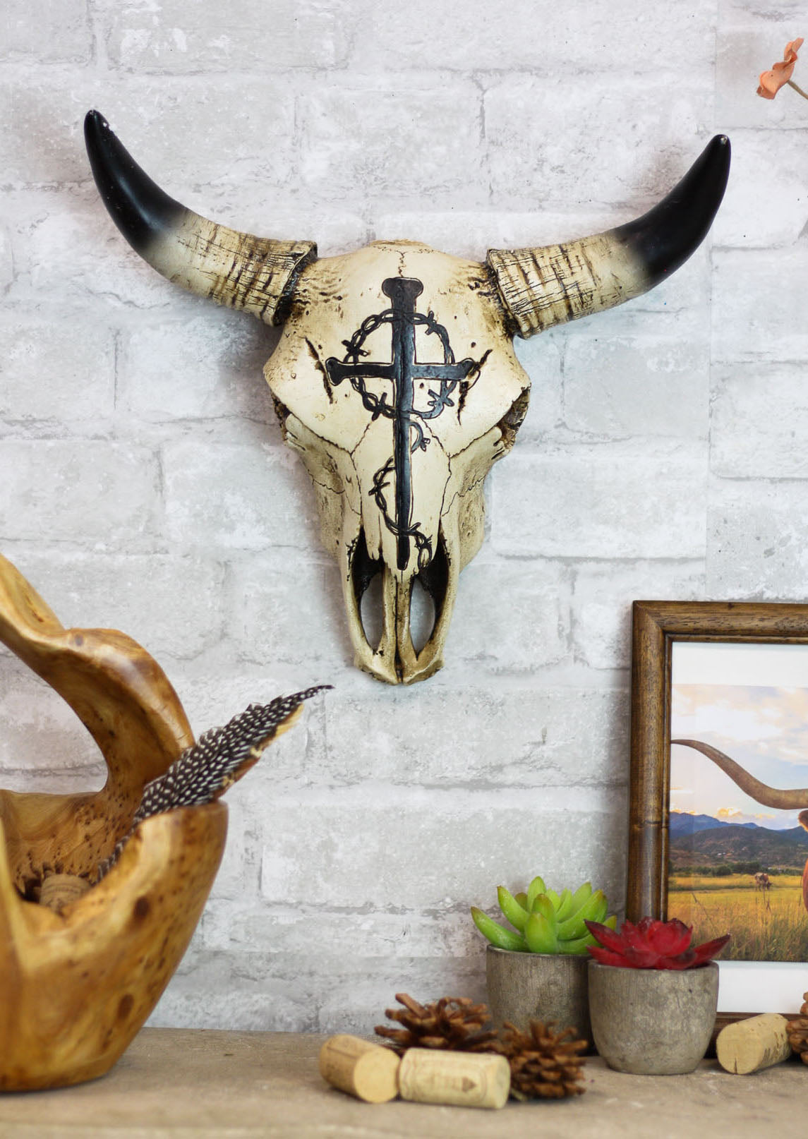 12"W Rustic Nail Spikes And Crown Of Thorns Cross Bison Bull Skull Wall Plaque - Ebros Gift