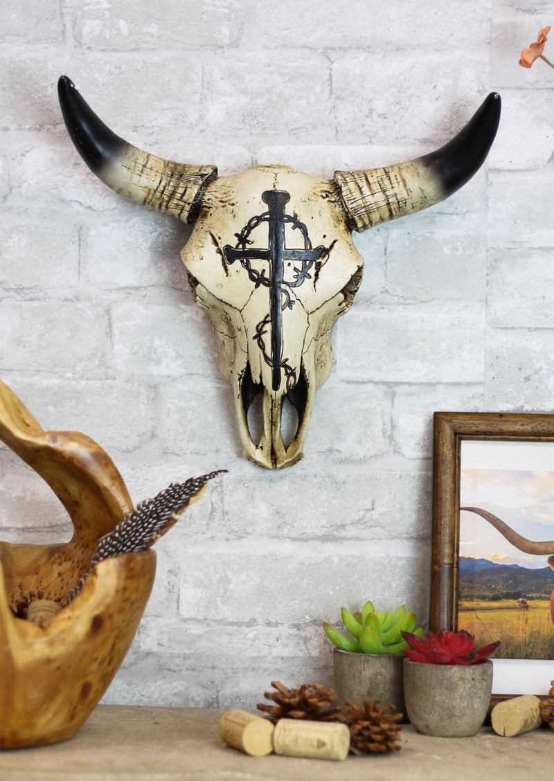 12"W Rustic Nail Spikes And Crown Of Thorns Cross Bison Bull Skull Wall Plaque