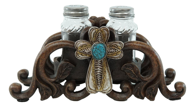 Turquoise Stone Holy Cross with Faux Wood Scroll Vines Salt Pepper Shakers Set