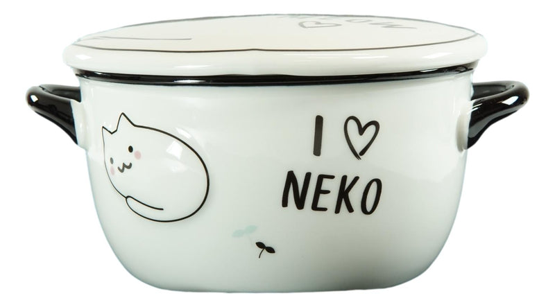Pack Of 2 White Maneki Neko Lucky Cat Porcelain Kids Food Bowls W/ Lid 25Oz