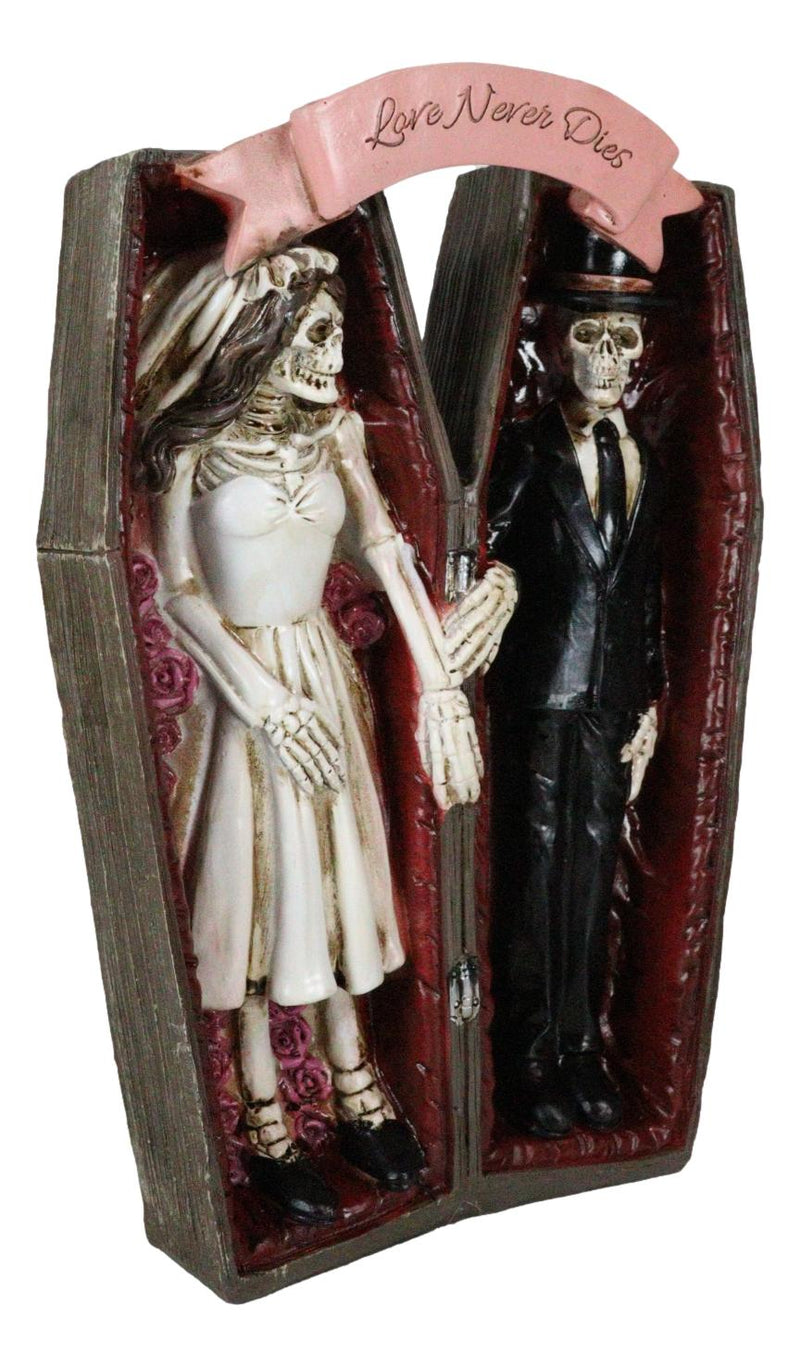 Love Never Dies Skeleton Wedding Couple Holding Hands Inside Coffins Figurine