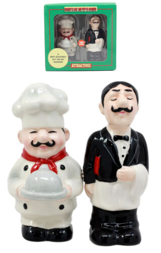 Food Service Head Chef & Waiter Salt & Pepper Shakers Ceramic Magnetic Figurines