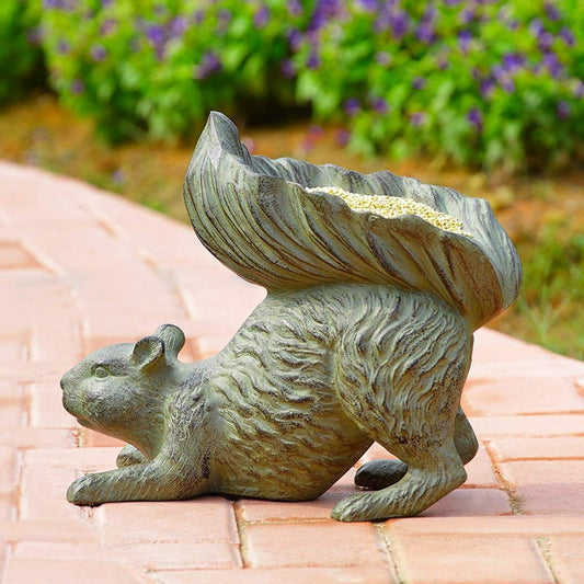 Ebros Aluminum Squirrel Statue w/ Dish Bowl Tail Garden Bird Feeder Bath 15"L