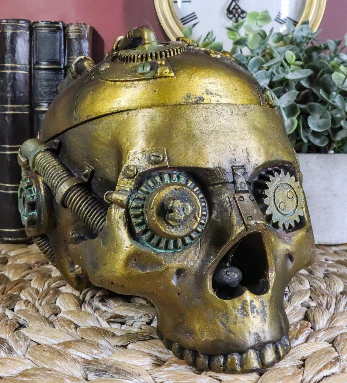 Steampunk Cyborg Robotic Skull Jewelry Box Figurine 7.5"L Skull Bowl Container - Ebros Gift