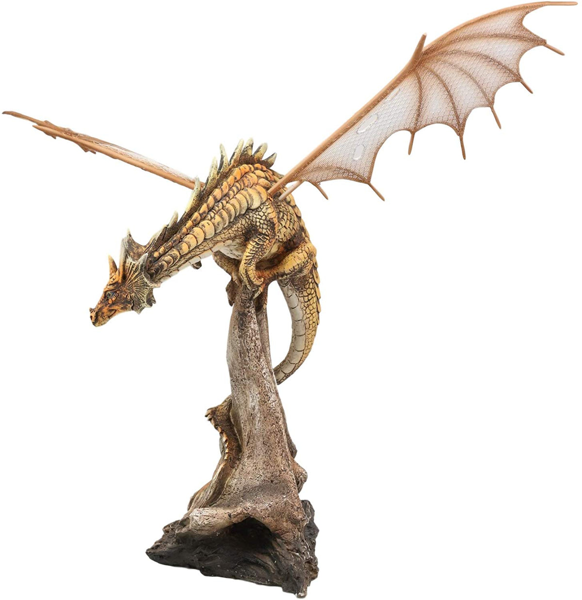 Ebros Gold Color Desert Pterosaur Dinosaur Dragon Perching On Rock Statue 14.5"H - Ebros Gift