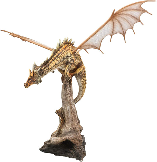Ebros Gold Color Desert Pterosaur Dinosaur Dragon Perching On Rock Statue 14.5"H - Ebros Gift