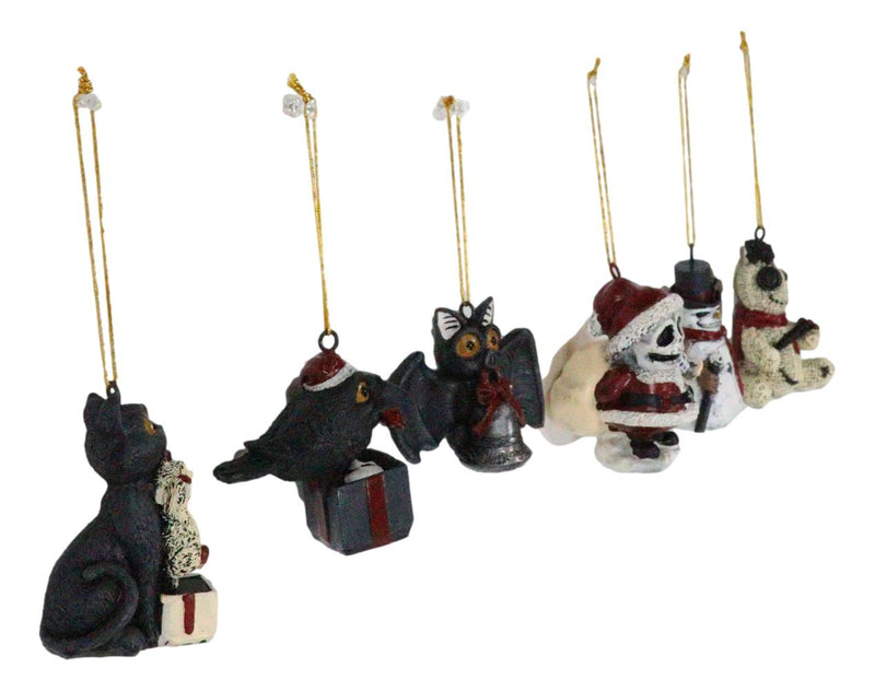 Set Of 6 Scary Merry Christmas Halloween Skeleton Santa Snowman Tree Ornaments