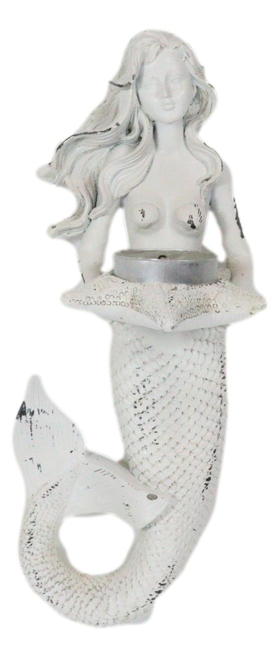 Rustic White Stone Finish Nautical Ocean Mermaid With Shell Candle Wall Sconce