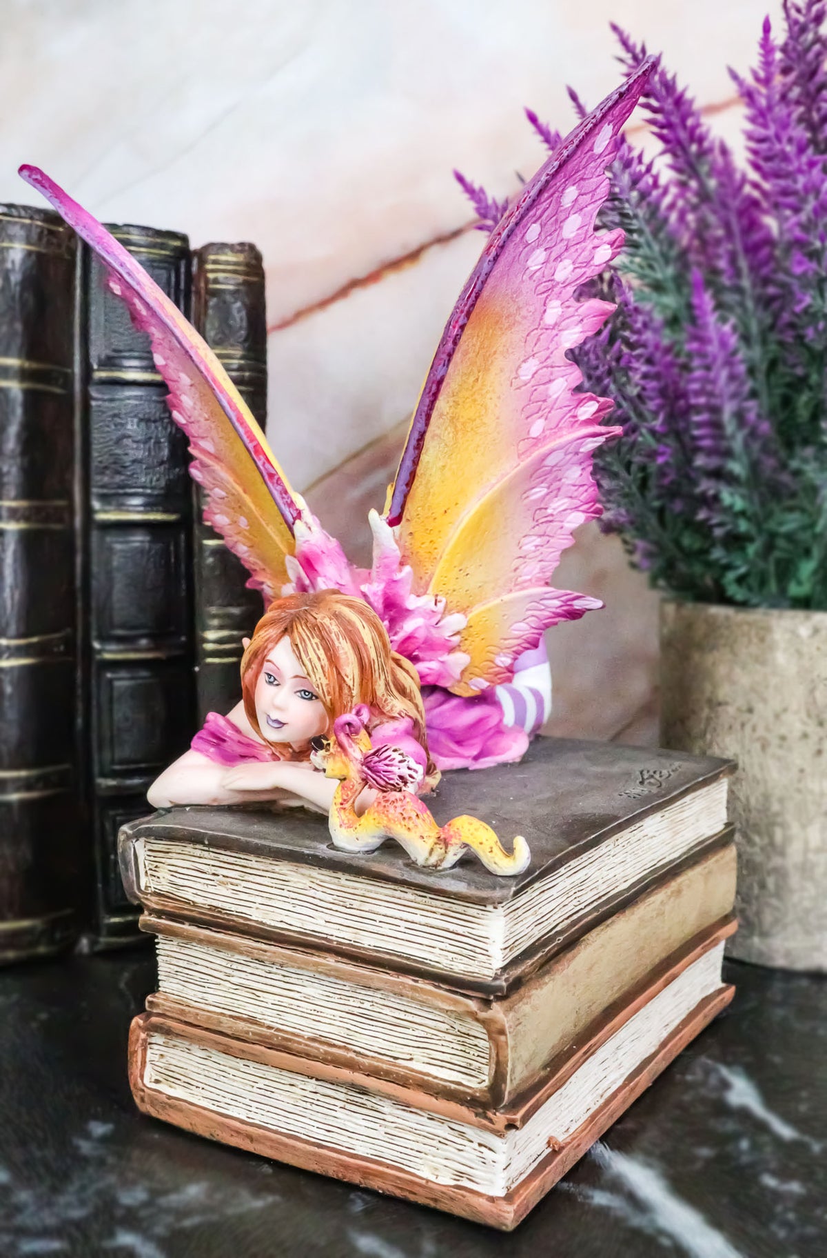Ebros Amy Brown Autumn Pink Book Club Fan Fairy with Wyrmling Dragon On A Stack of Books Statue 7" High Fantasy Mythical Reading Faery FAE Magic Watercolor Collectible Decor Figurine - Ebros Gift
