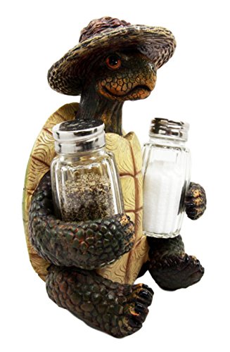 Ebros Slow Seasons Camping Turtle With Wicker Hat Salt And Pepper Shakers 7"H