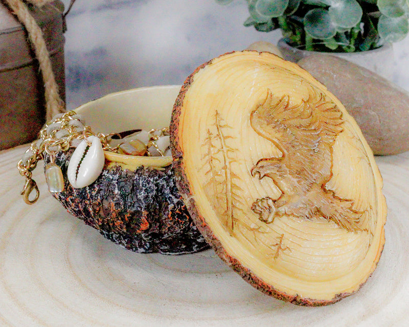 Ebros Rustic Faux Wood Swooping American Bald Eagle Round Jewelry Box Figurine 4" W