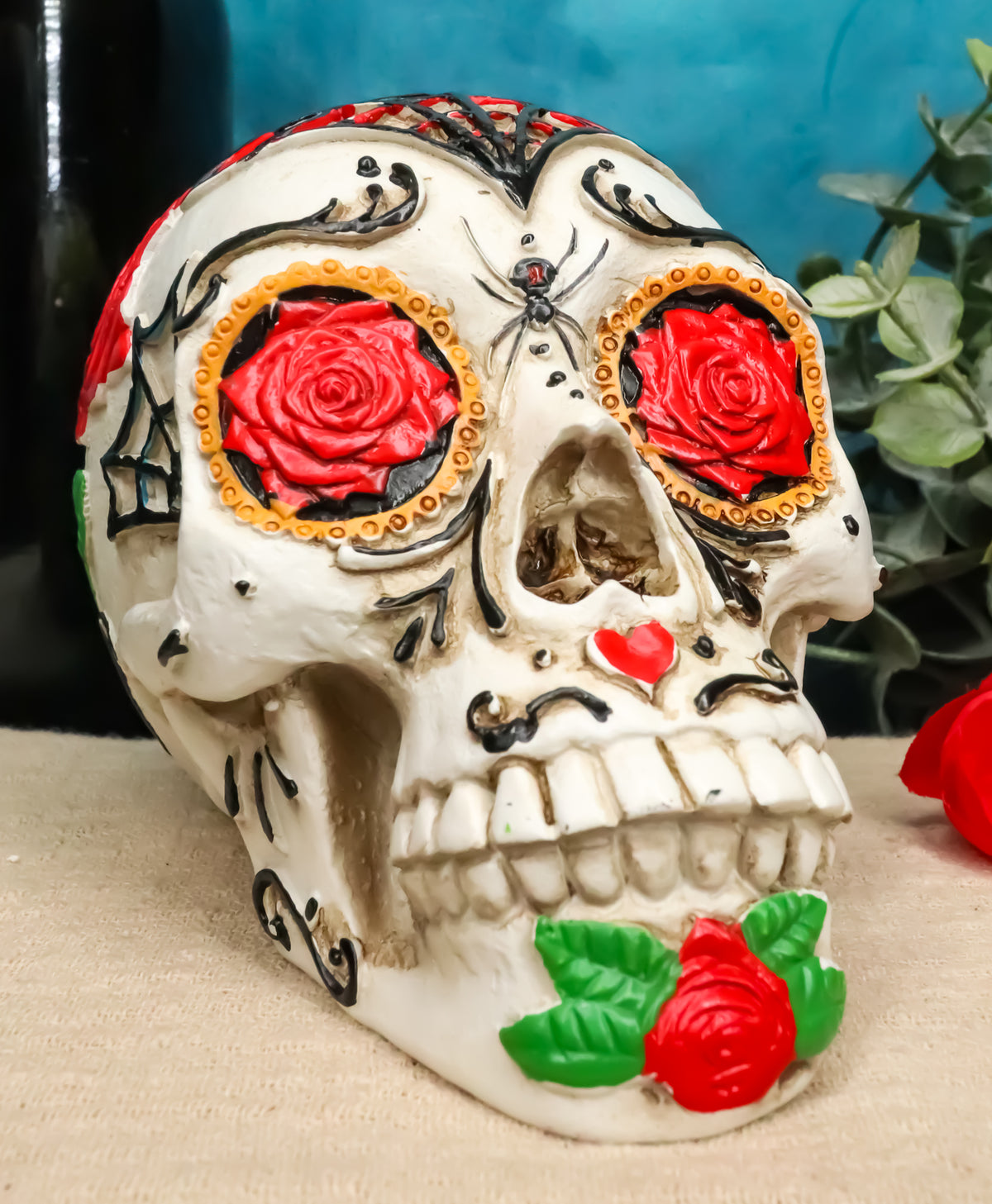 White Sunflower Floral Day of the Dead Sugar Skull With Eyes Of Red Roses Statue
