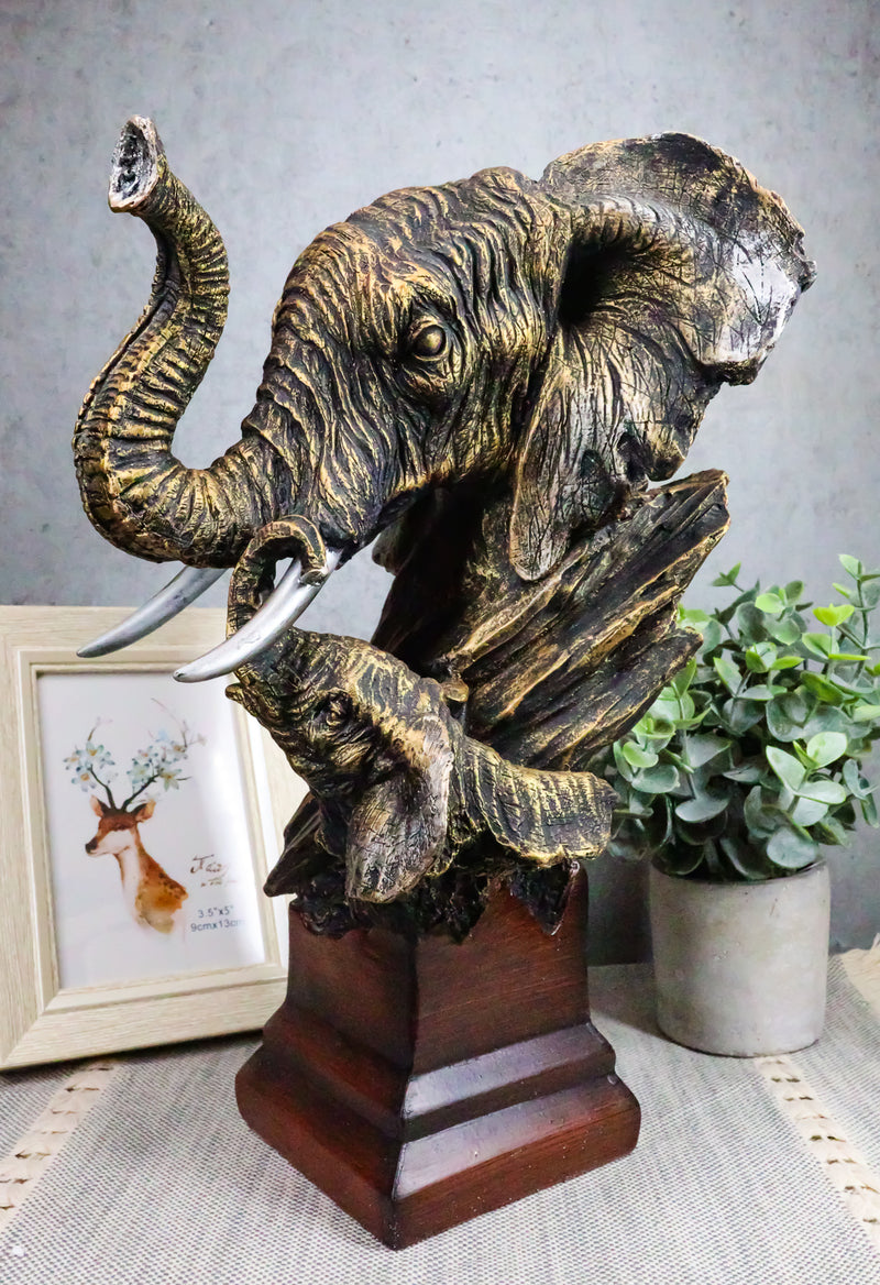 Ebros Bush Elephant Bust On Woodlike Pedestal for African Jungle Safari Decor