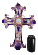 Purple Glitter Stained Glass Gemstones Copper Floral Celtic Cross Wall Decor