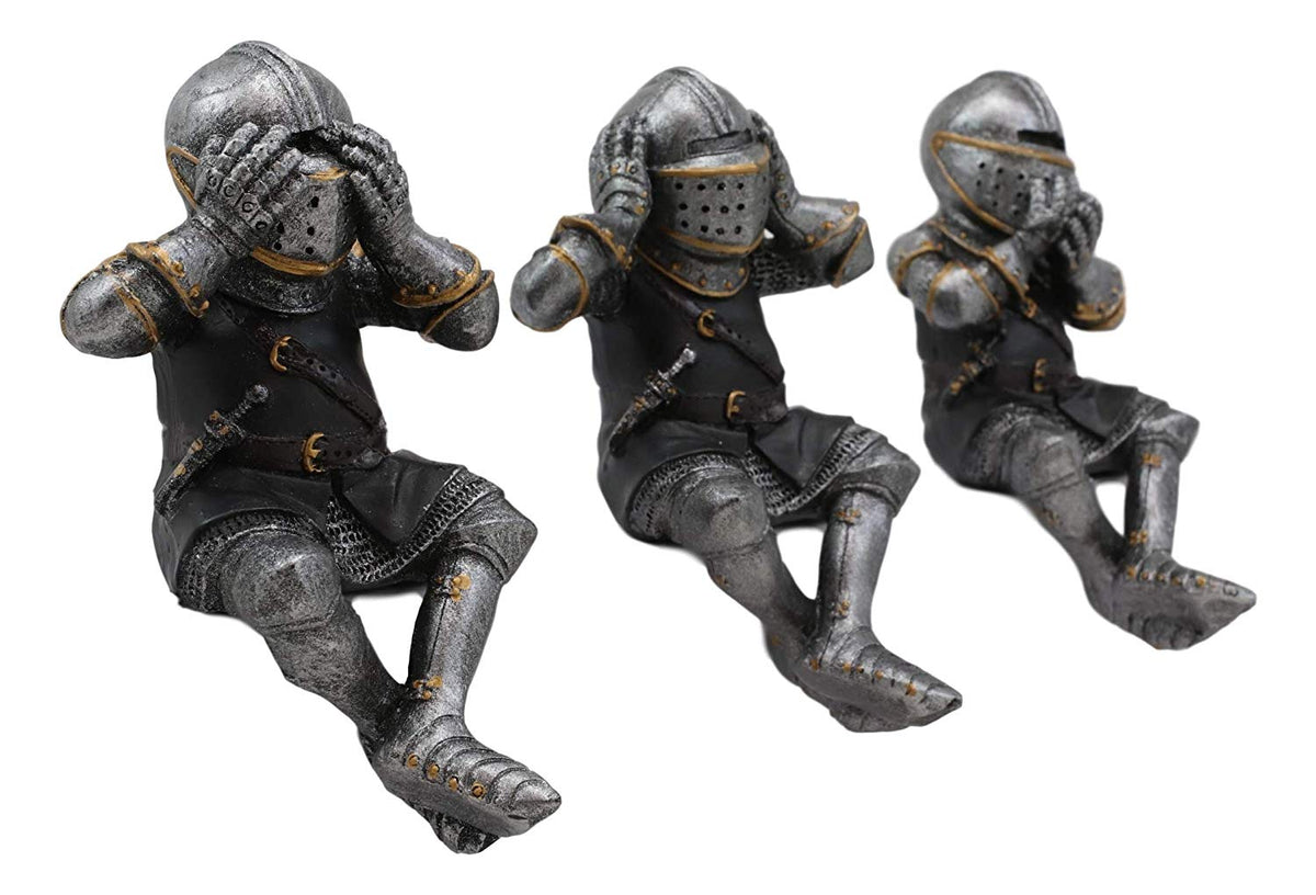 Ebros Gift Set of 3 Renaissance Medieval See Hear Speak No Evil Royal Knights with Black Tunic Ledge Or Shelf Sitters Figurine 4" Tall Suit of Armor Miniature Knights Decor - Ebros Gift