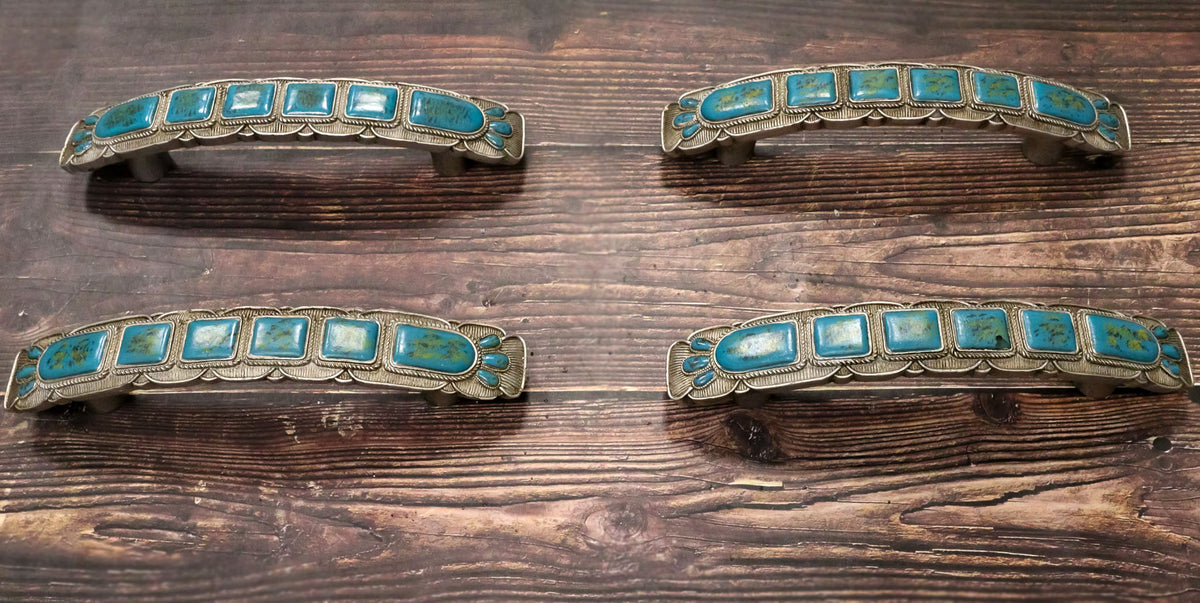 Set Of 4 Rustic Western Silver Turquoise Boho Drawer Cabinet Door Bar Pulls - Ebros Gift