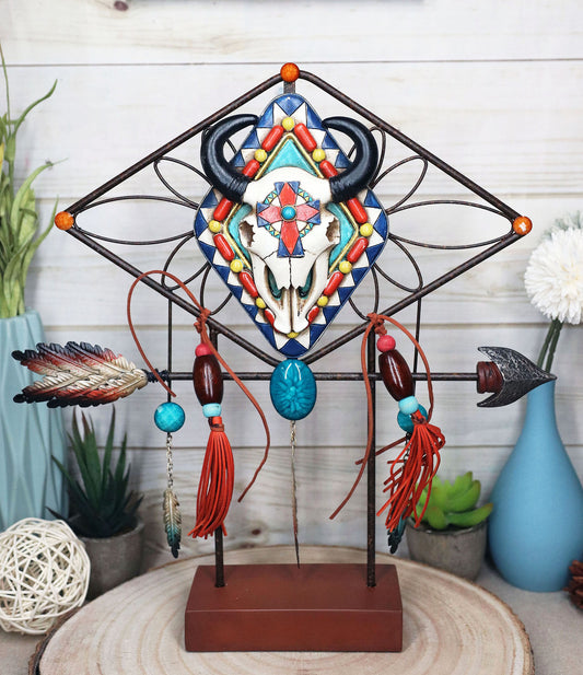 Southwestern Boho Cow Skull Arrow Dreamcatcher Feathers Desktop Plaque Figurine - Ebros Gift