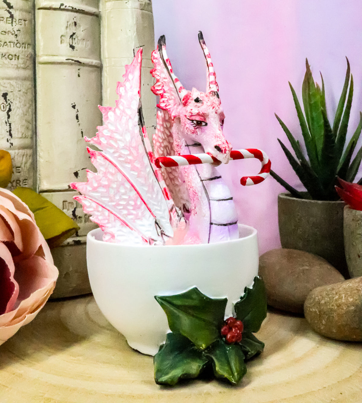 Ebros Amy Brown Holiday Holly Peppermint Candy Cane Pink Dragon In Tea Cup Figurine