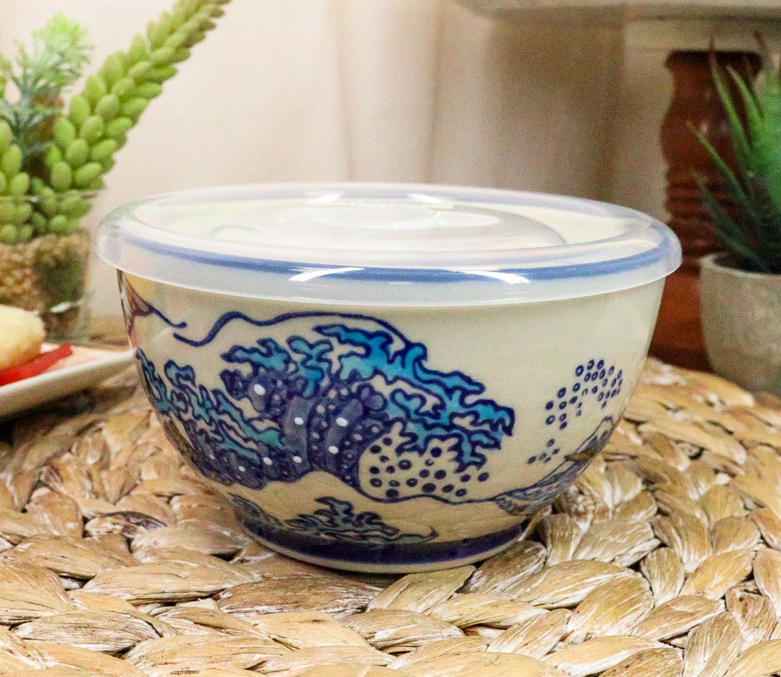 Ebros Set of 2 Ceramic Hokusai Great Wave Portion Meal Bowls 2 Cups W/ Airtight Lid