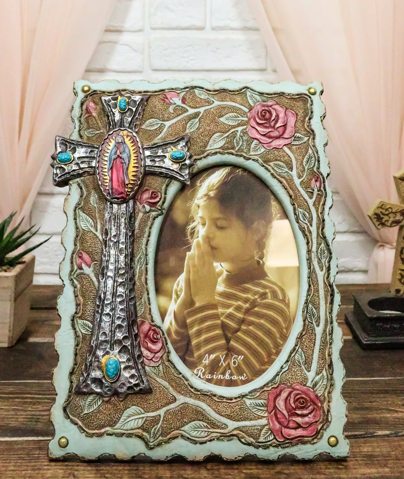Catholic Lady Of Grace Mary Guadalupe Cross With Pink Roses 4X6 Picture Frame