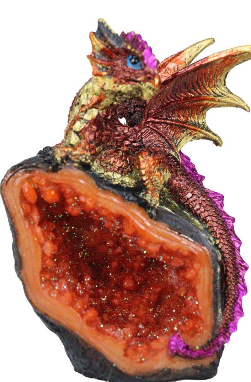 Metallic Red Iridescent Wyrmling Dragon On Faux Geode Crystal Rock Figurine 4"H