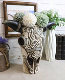 Western Rustic Cow Skull With Tooled Tribal Scroll Detailing Vase Planter Decor