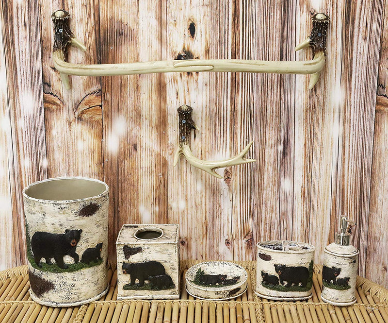 Ebros Wildlife Rustic Black Bear in Pine Trees Forest Bathroom Accent Resin Figurine Accessories with Birch Wood Finish Western Country Cabin Lodge Decorative (5 Piece Bath Set and 2 Towel Racks)