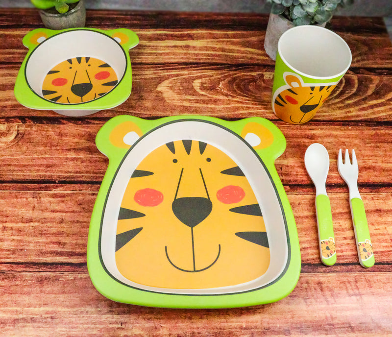 Ebros Tiger Kids Children Toddler Baby 5 Piece Organic Bamboo Dinnerware Set