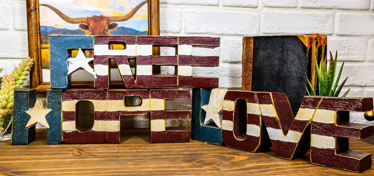 Pack of 3 USA Patriotic Flag 'Free Hope Love' Word Art Desktop Sign Plaques