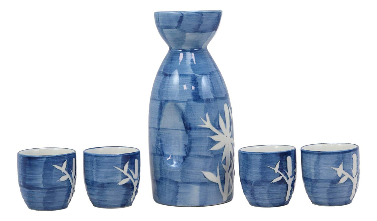 Ebros Porcelain Blue Jeans & White Bamboo Japanese Sake Rice Wine Flask And 4 Cups Set