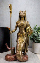 Ebros 11"H Egyptian Bastet Cat With Snake Holding Spear & Shield Statue 11"H - Ebros Gift