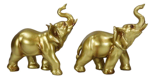 Feng Shui Gold Patina Elephant Left And Right Pair Figurines With Trunks Up - Ebros Gift