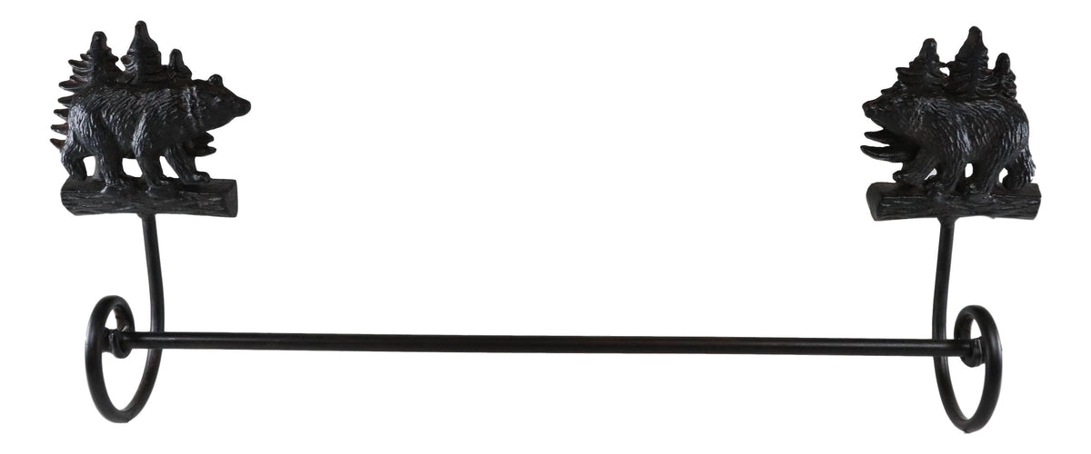 Cast Iron 24"L Rustic Forest Black Bear By Pine Trees Wall Bath Towel Bar Rack