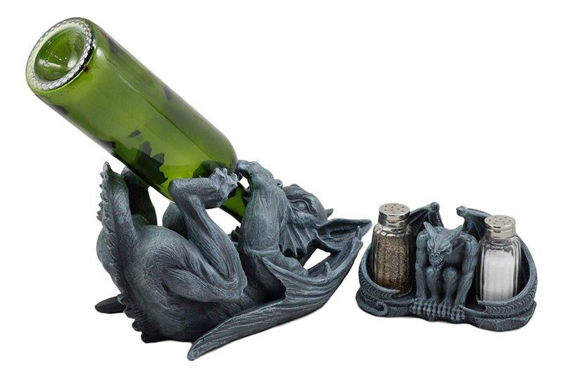 Ebros Night Abbadon Gothic Winged Gargoyle Wine Bottle Holder and Salt Pepper Shakers Figurine Set of 2 Kitchen Cellar Decor Statue