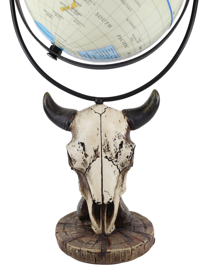 Rustic Western Bison Bull Cow Skull World Atlas Map Globe Decorative Figurine
