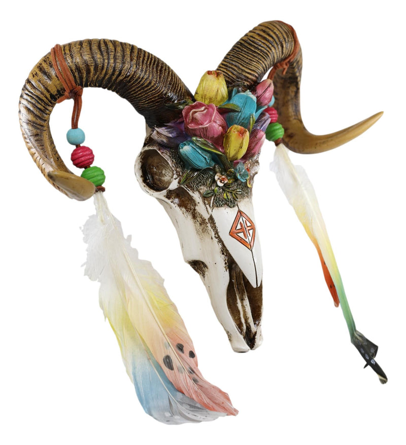Rustic Corsican Ram Skull With Flowers And Dreamcatcher Feathers Wall Decor