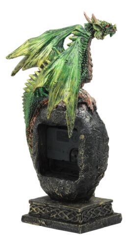 Green Jade Crystal Quartz Dragon On Fossil Rock Desktop Clock Figurine 10"H