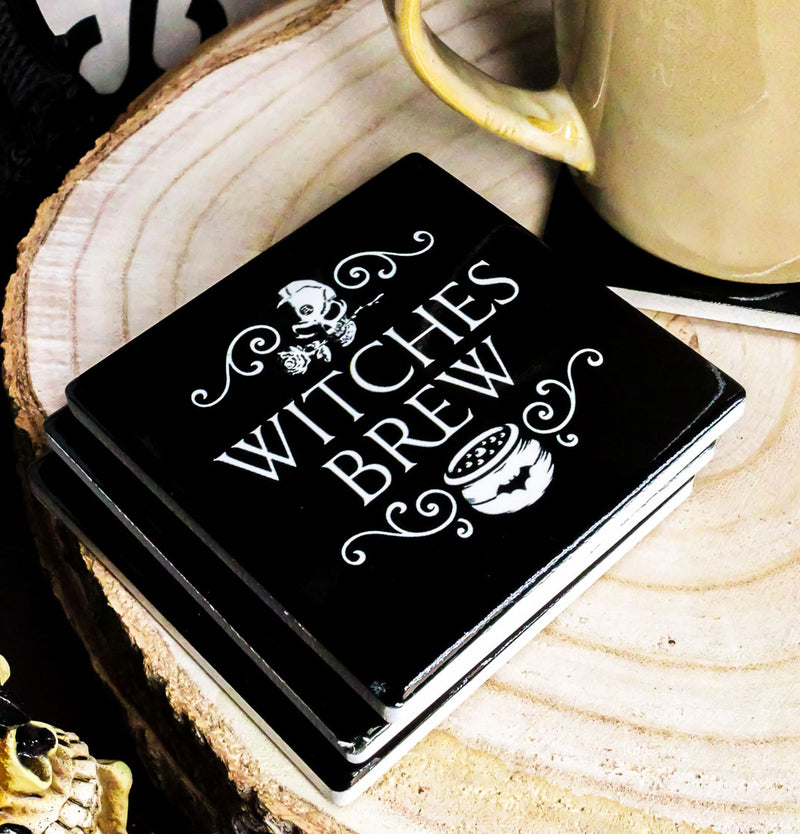 Ebros Occult Witches Brew Rose Skull Cauldron Cork Backed Ceramic Coasters Set of 4