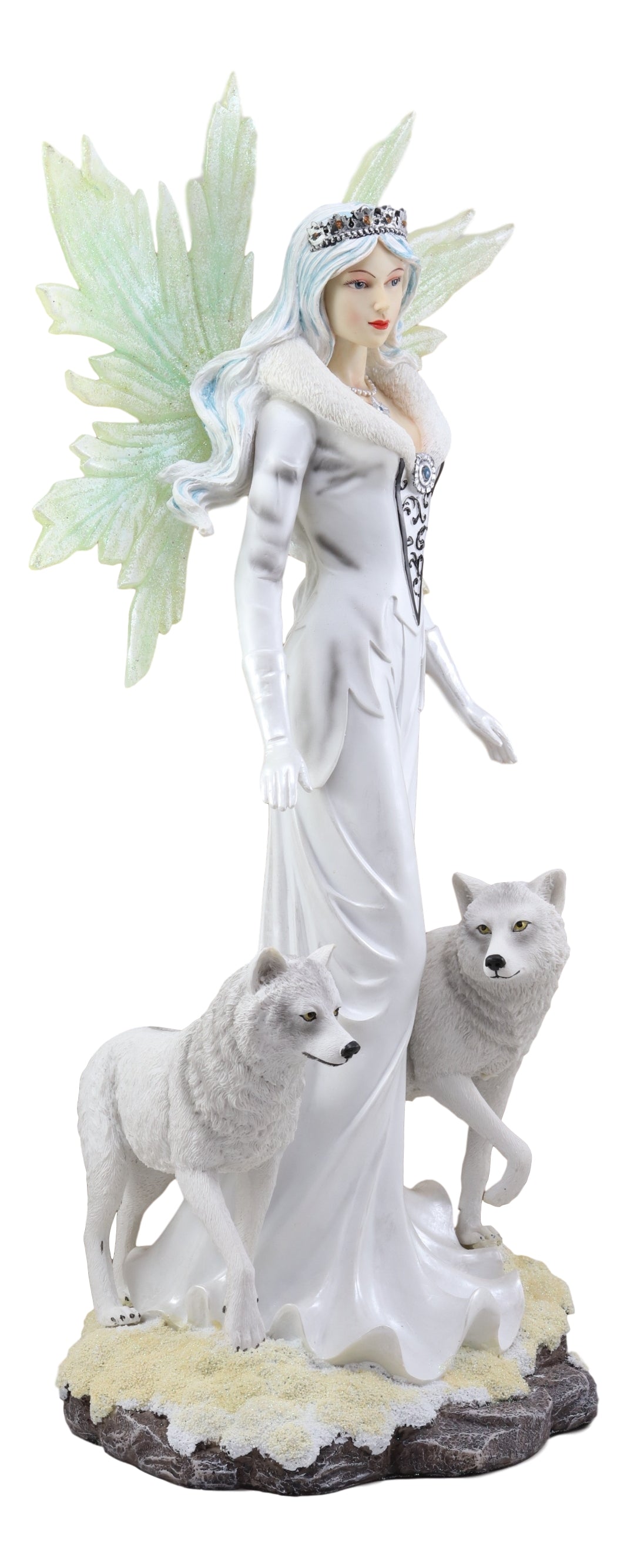 Large 21.25"H Frozen White Witch Fairy With Two Albino Wolf Direwolves Statue - Ebros Gift