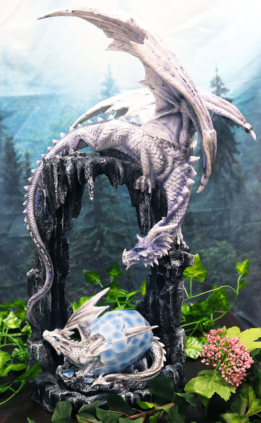 Ebros  21"H White Frozen Dragon On Cavern With Wyrmling Hatchling In Egg Statue