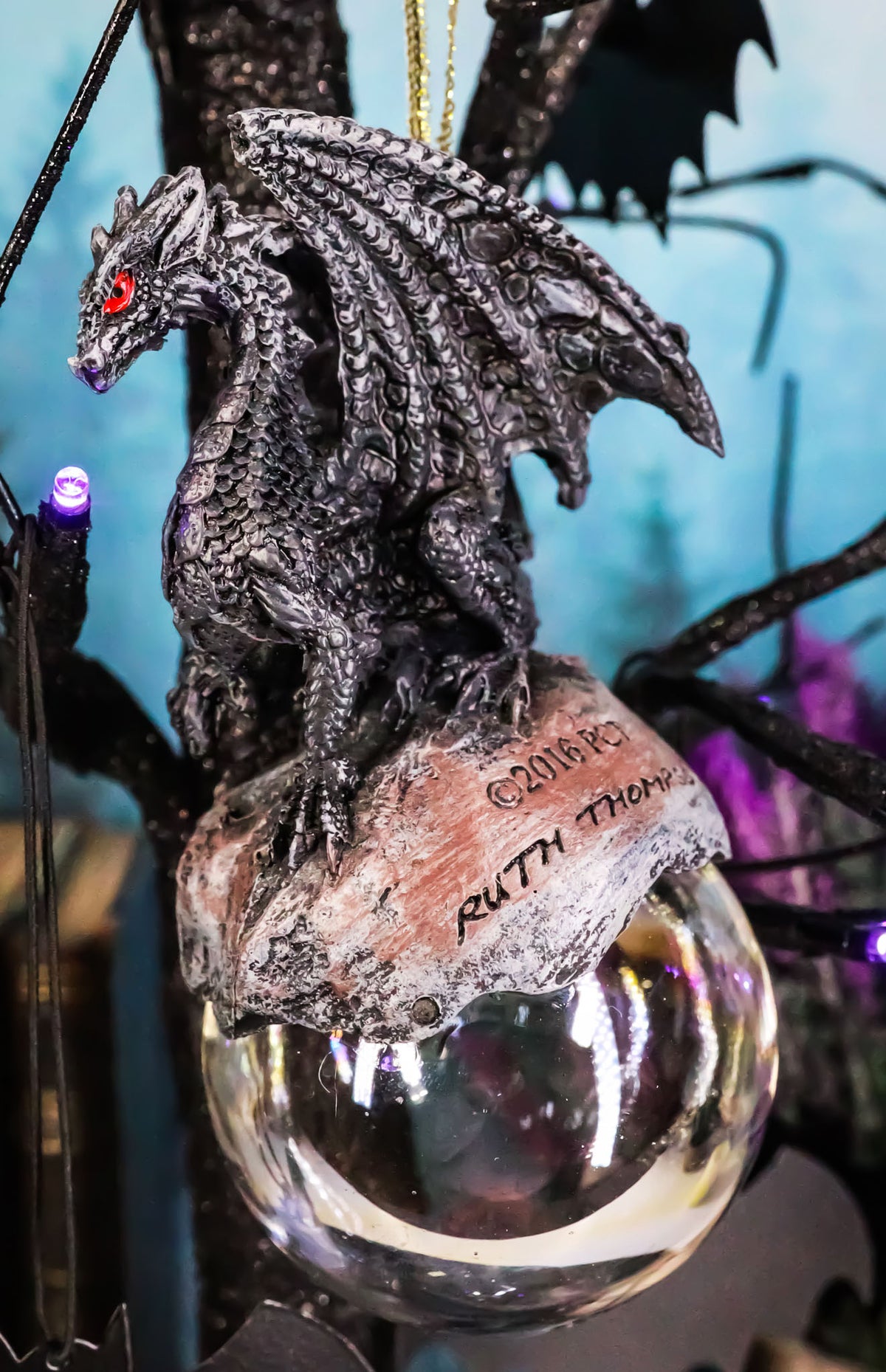 Ruth Thompson Check Mate Black Dragon On Pearl Glass Ball Ornament Figurine 5"H