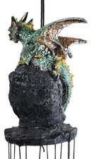 Medieval Green Dragon Guarding Emerald Crystal Geode Rock Figurine Wind Chime