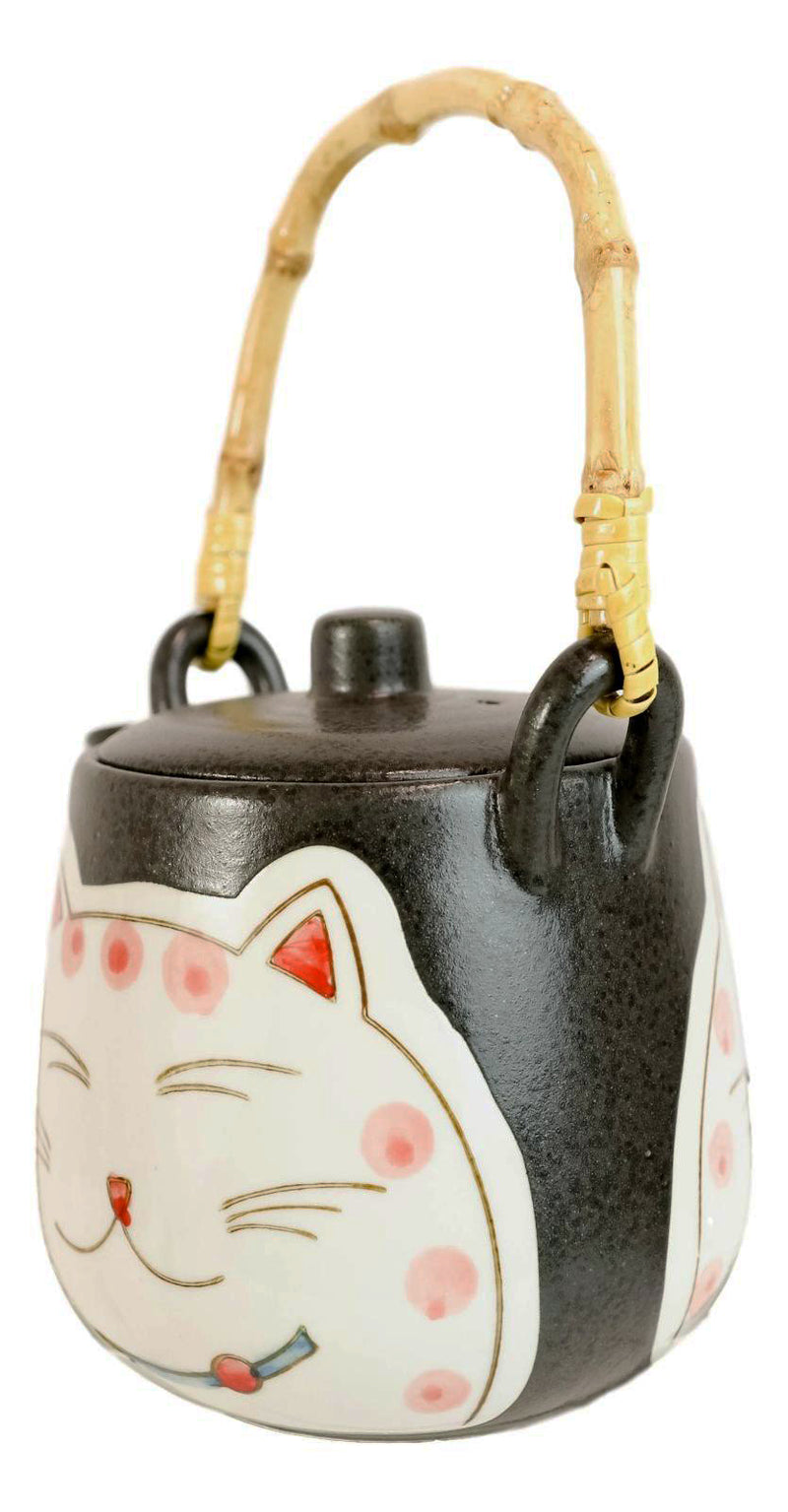 Japanese Maneki Neko Lucky Cat Ceramic Charcoal Black 20oz Tea Pot & 4 Cups Set