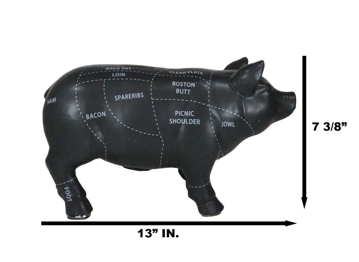Large Ceramic Country Farm Black Pig Swine Pork Butcher Chart Piggy Coin Bank
